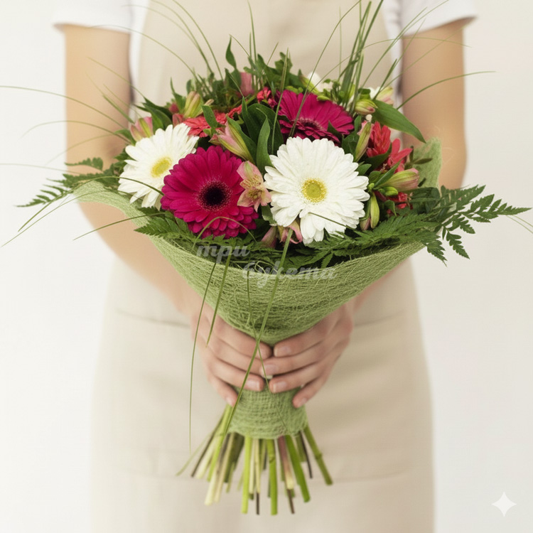 9 красных и белых гербер