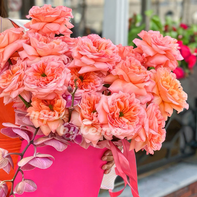 Коробка коралловых роз с орхидеями (крупный план)